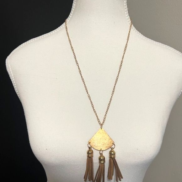 Gold Tone Triangle Leather Tassel Pendant Long Necklace 31" - Picture 2 of 5